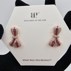 NEW Bomb Party "Knotty Summer Wishes" July BOW Earrings Ruby CZ on Rose Gold